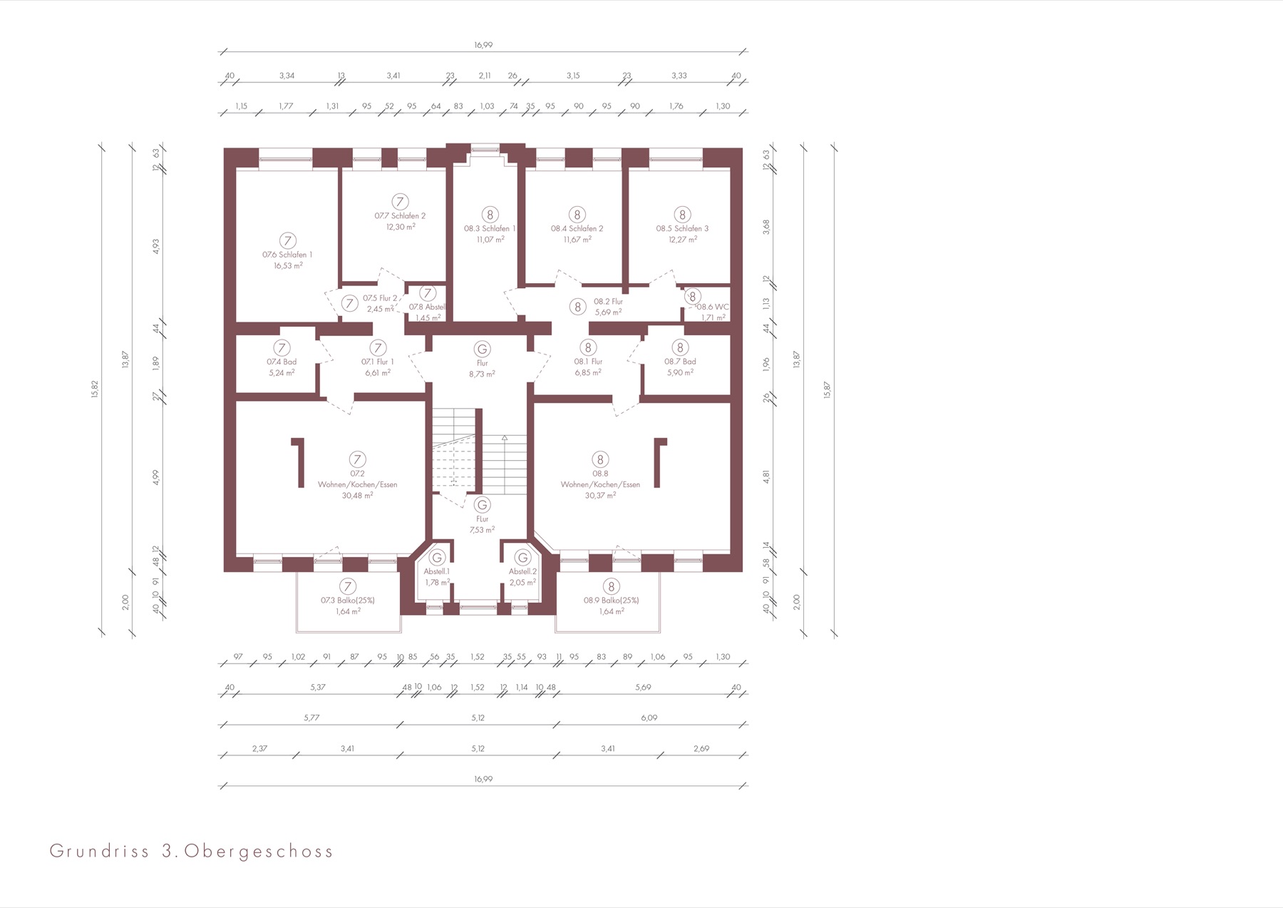 Grundriss 3. Obergeschoss mit Aufteilung der Einheiten