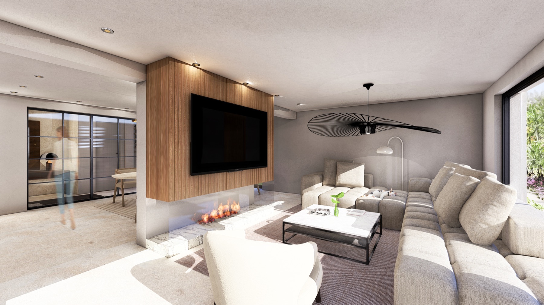 Rendering des Wohnbereichs mit Kamin und bodentiefen Fenstern