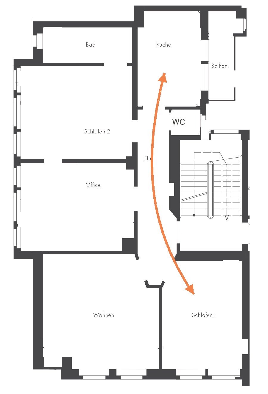 Grundriss der 4-Zimmer-Altbauwohnung: Küche und Schlafen 1 tauschen